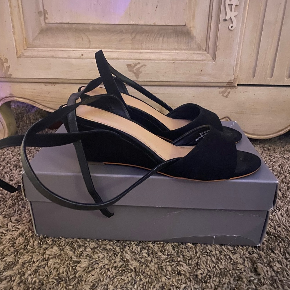 LOFT Ankle strap suede wedge. Low heel. Worn. 9.5